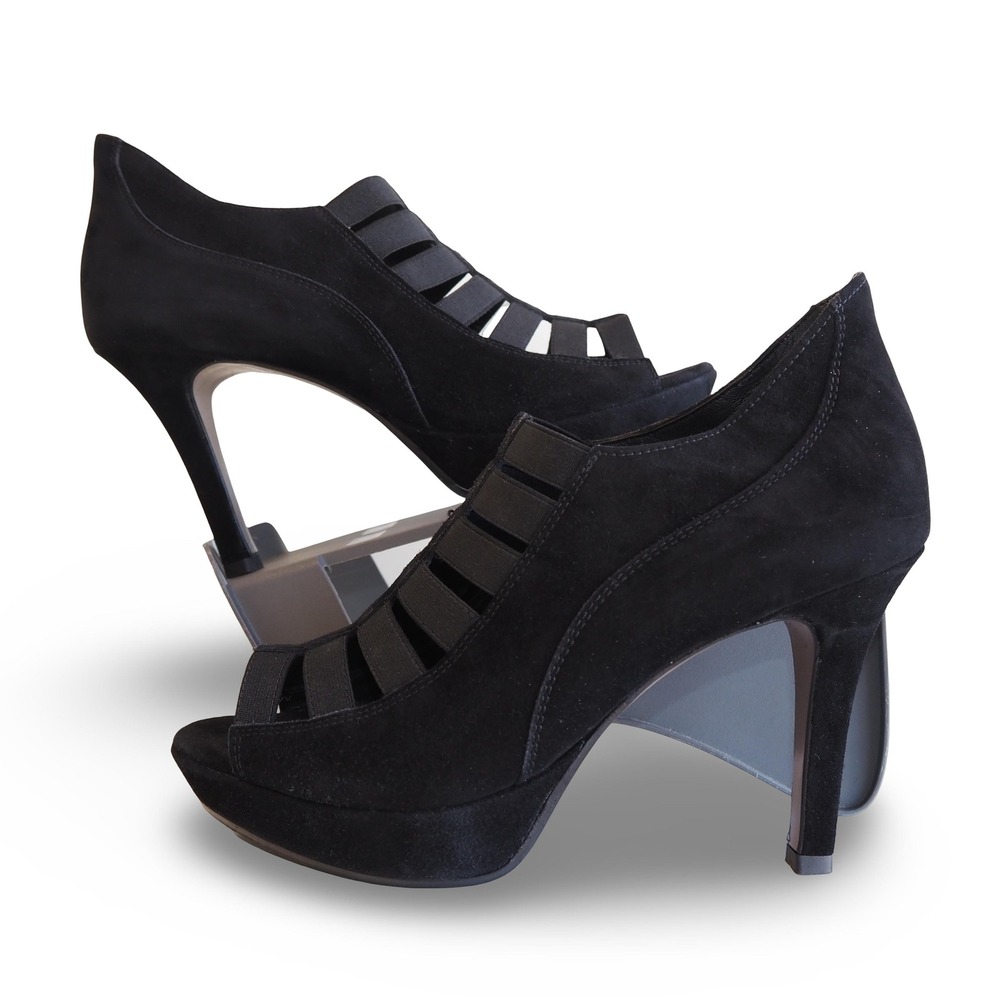 Paul Green Womens 7.5 Black Suede Peep Toe Platform Heels Elastic Caged Pumps